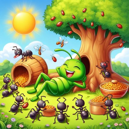 ants collecting food and the lazy grasshopper basking in the sunlight