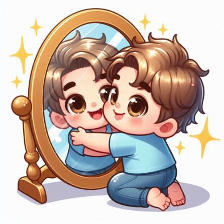 baby hugs his mirror friend