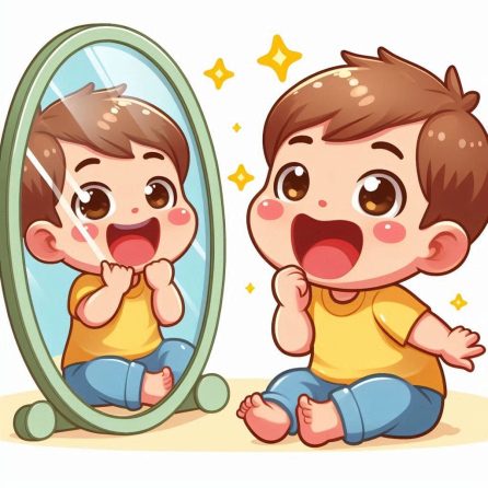 baby plays with his mirror friend