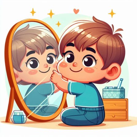 baby touches his mirror friend