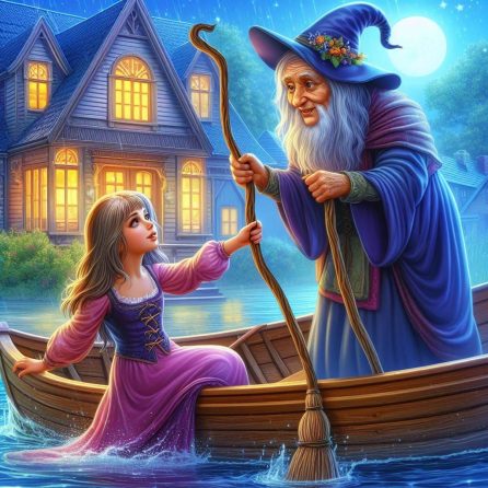Gerda and old witch in the snow queen story for kids