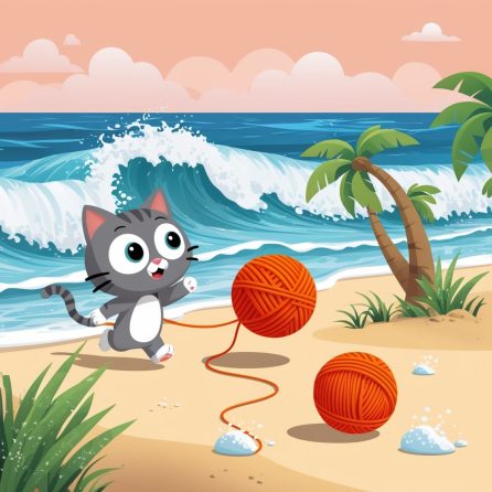 Kitty follows the yarn to the beach
