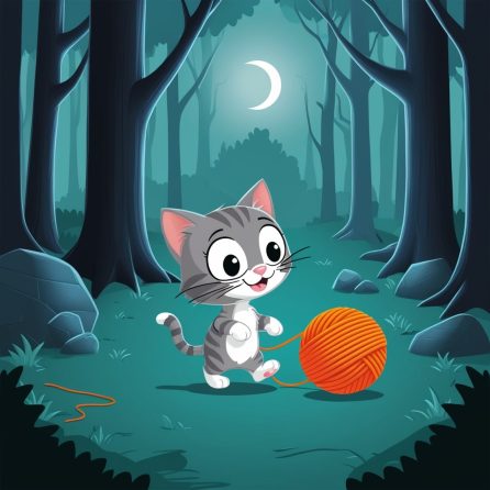 Kitty follows the yarn to the forest