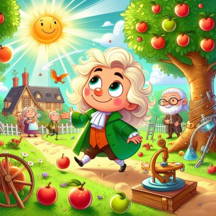 little Isaac newton in apple garden