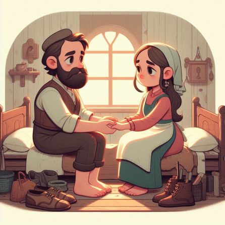 shoemaker and wife praying in the elves and the shoemaker story for kids