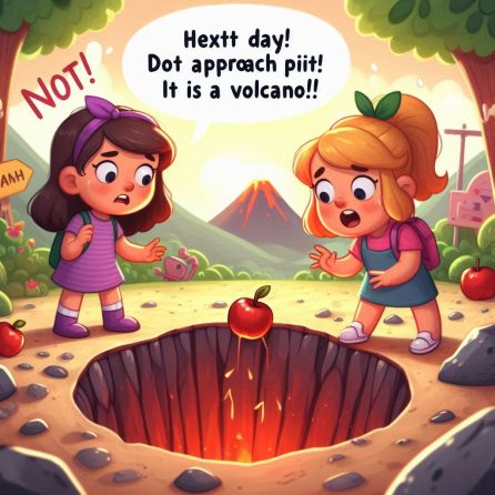 Violet and her friend drop an apple into the volcano