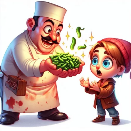 butcher selling beans in Jack and the beanstalk story for kids